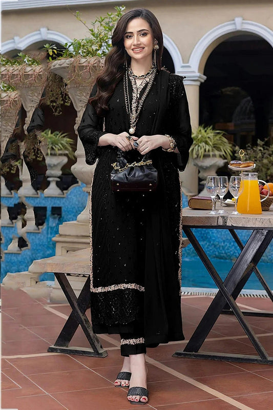 Black Semi Stitched Faux Georgette Pakistani Suit NCSM11410463