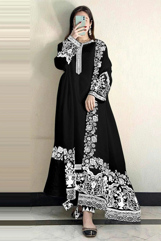 Black Semi Stitched Faux Georgette Pakistani Suit NCSM11410481