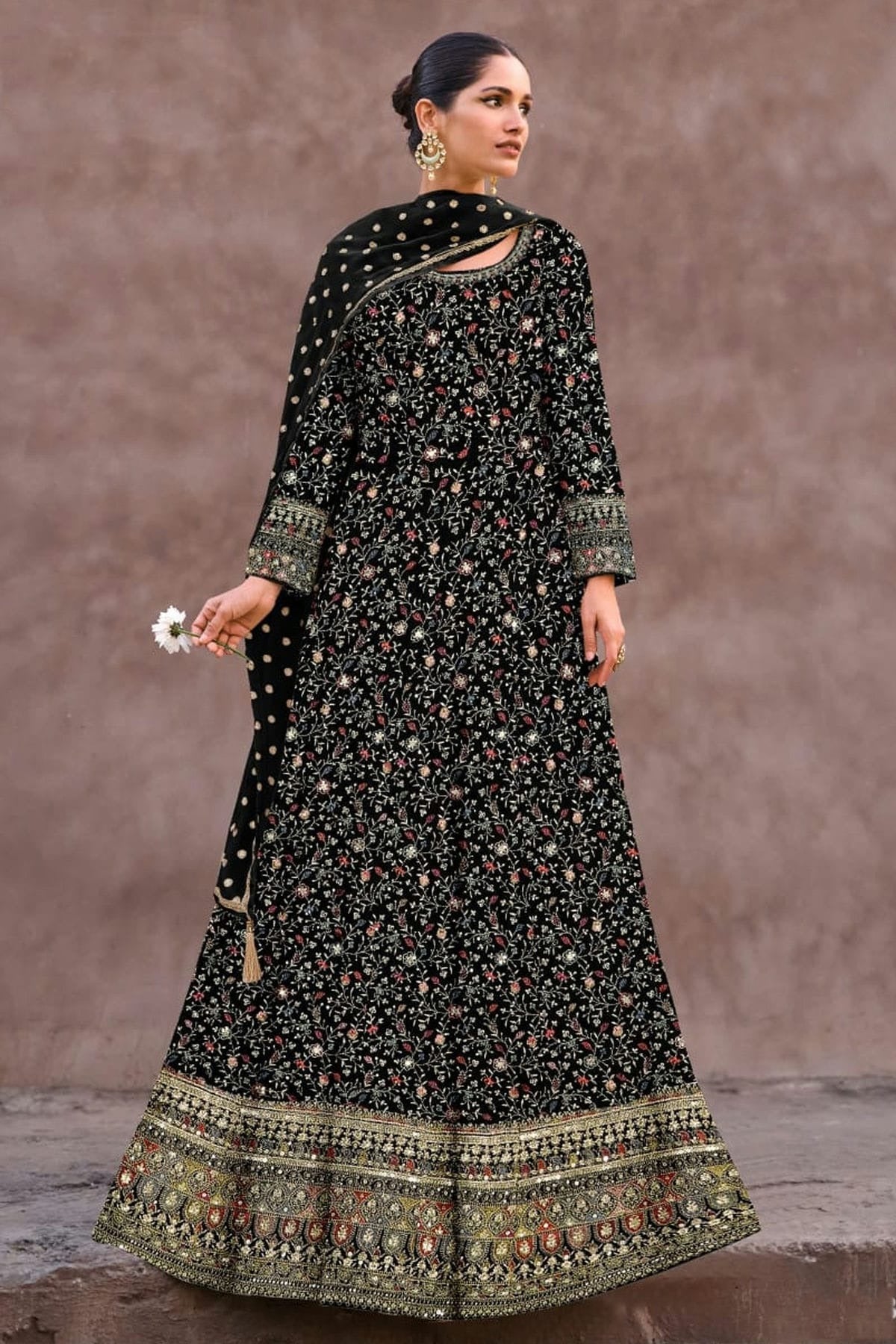 Black Semi Stitched Georgette Anarkali Suit NCSM11410485