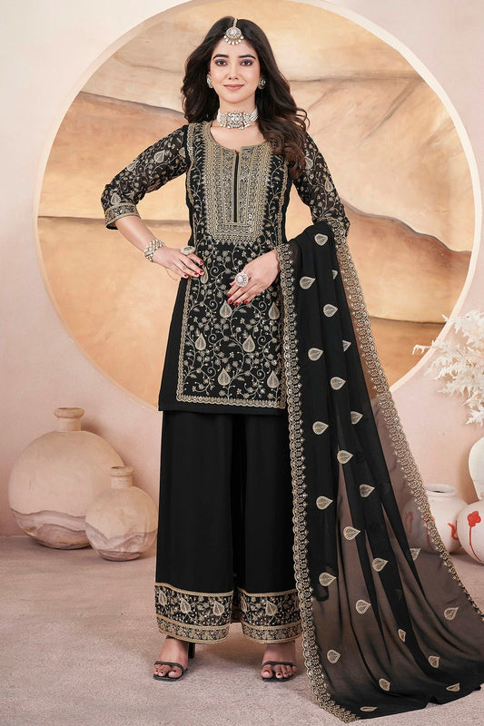 Black Semi Stitched Georgette Palazzo Pant Suit NCSM11111014