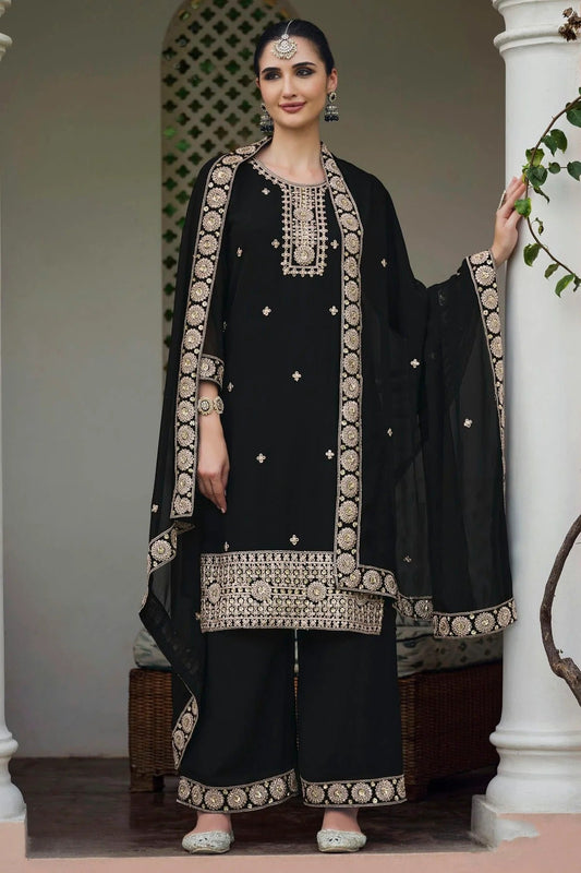 Black Semi Stitched Georgette Palazzo Pant Suit NCSM11410469