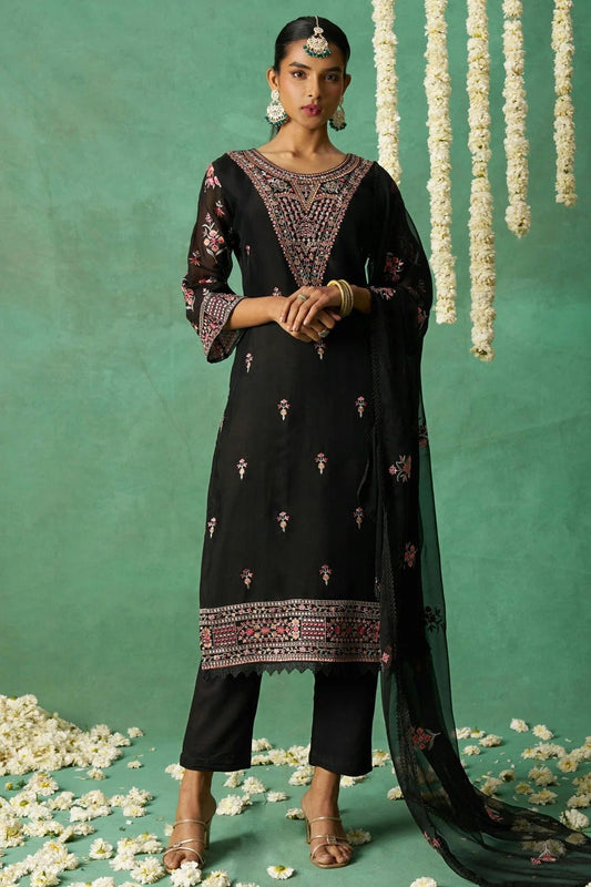 Black Semi Stitched Organza Pant Style Suit NCSM11111024