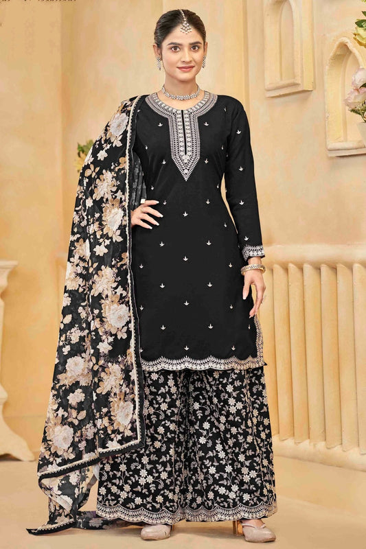 Black Semi Stitched Roman Silk Palazzo Pant Suit NCSM10510110