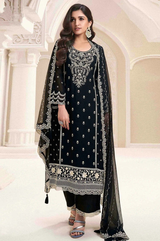 Black Silk Chiffon Palazzo Pant Suit NCSM11410153