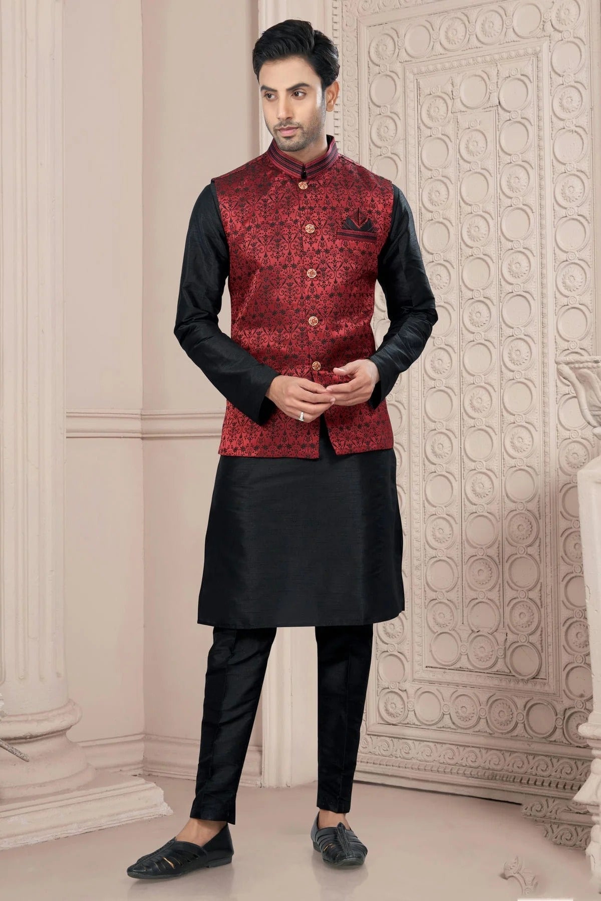 Black Silk Dupion Jacket Kurta Pajama NCKP10410136