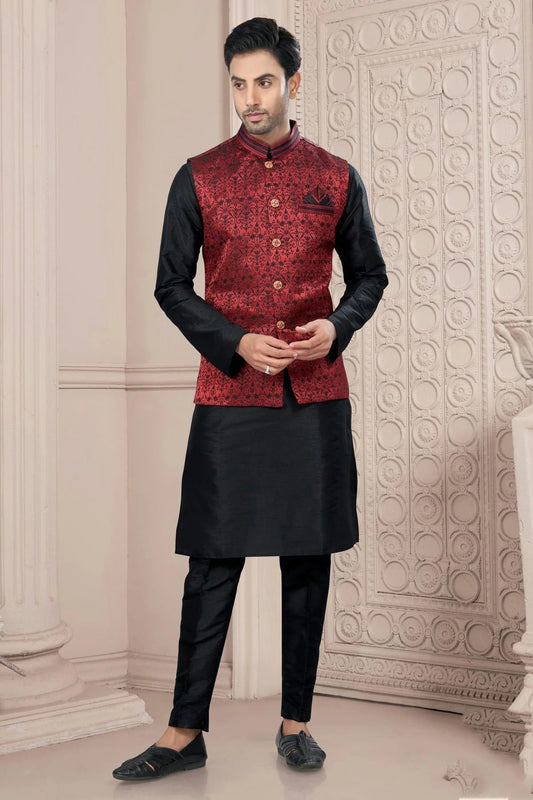 Black Silk Dupion Jacket Kurta Pajama NCKP10410136