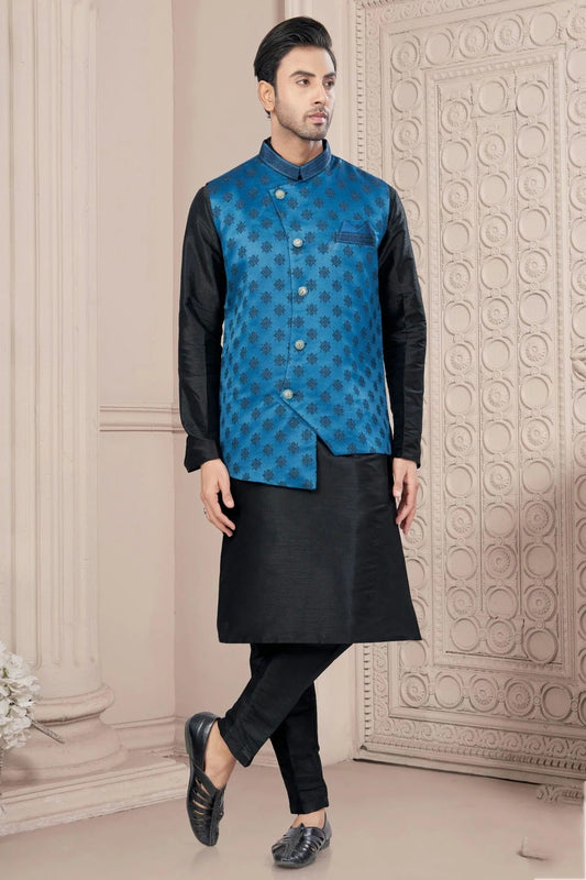 Black Silk Dupion Jacket Kurta Pajama NCKP10410137