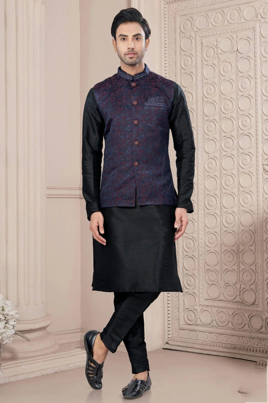 Black Silk Dupion Jacket Kurta Pajama NCKP10410138