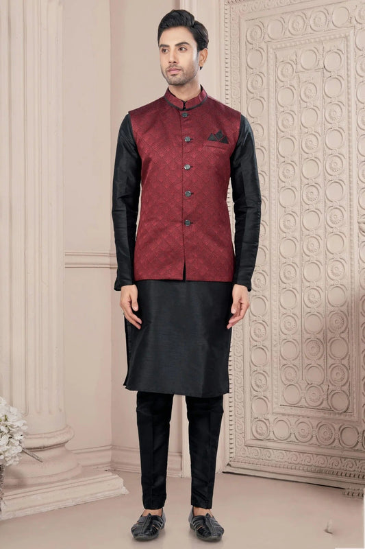 Black Silk Dupion Jacket Kurta Pajama NCKP10410139