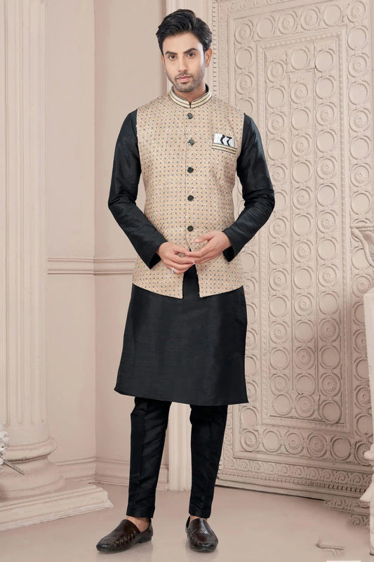 Black Silk Dupion Jacket Kurta Pajama NCKP10410141