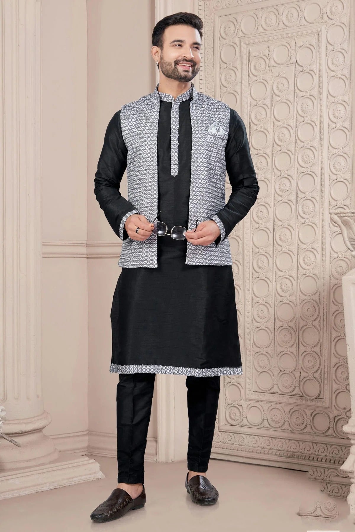 Black Silk Dupion Jacket Kurta Pajama NCKP10410145