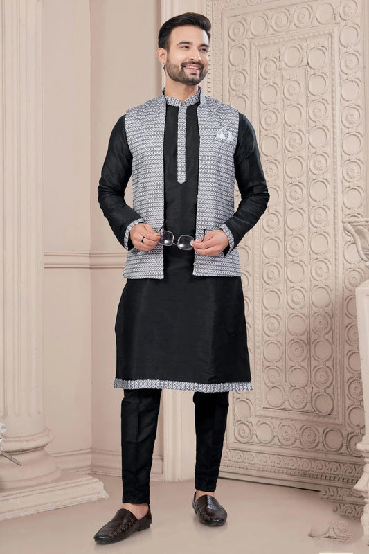 Black Silk Dupion Jacket Kurta Pajama NCKP10410145