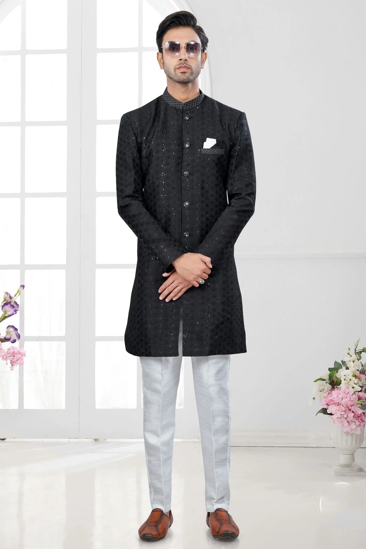 Black Silk Dupion Sherwani NCSH10410180