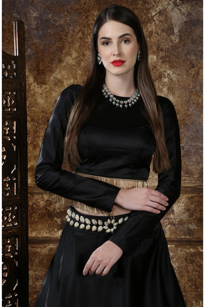 Black Taffeta Satin Foil Print Lehenga Choli NCLC11510130