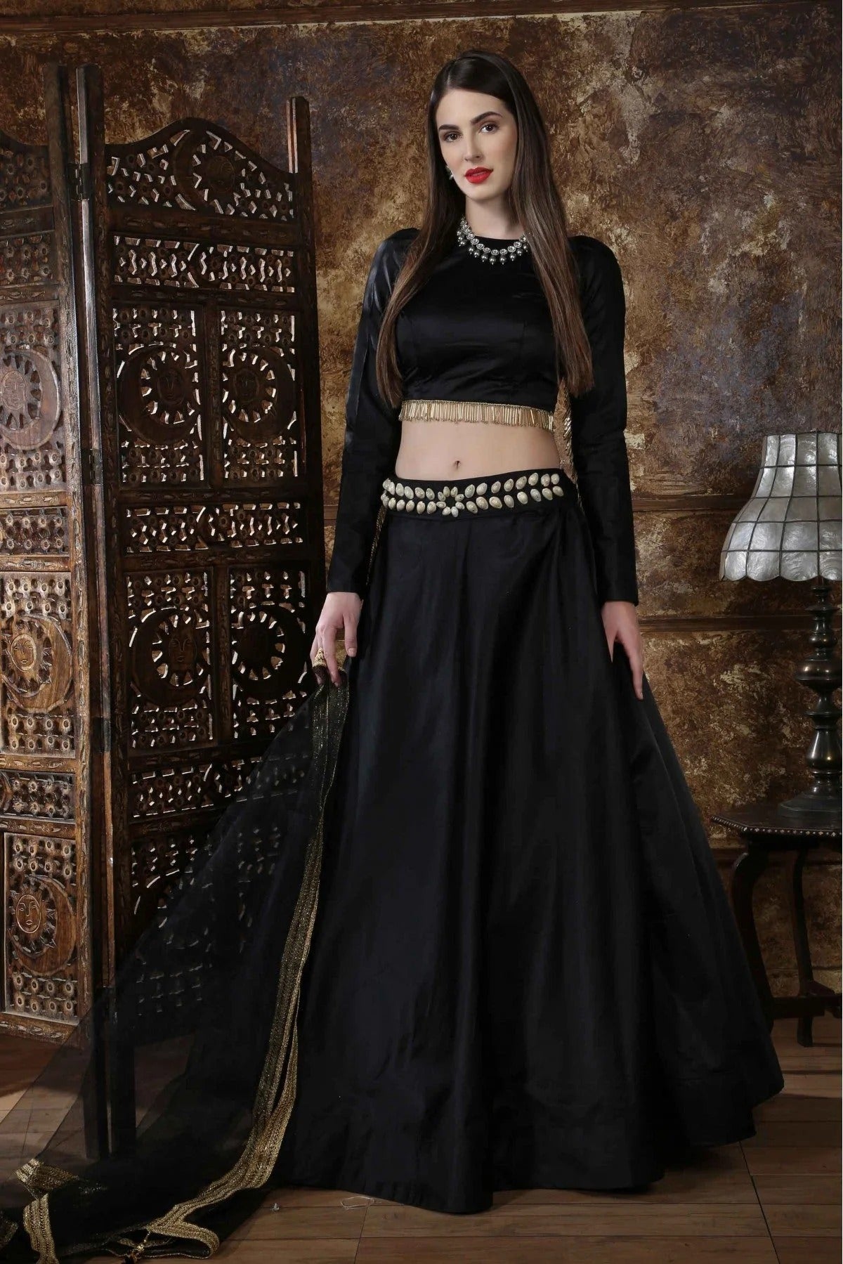 Black Taffeta Satin Foil Print Lehenga Choli NCLC11510130