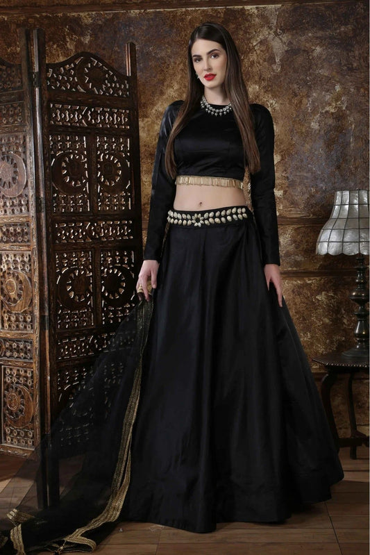 Black Taffeta Satin Foil Print Lehenga Choli NCLC11510130