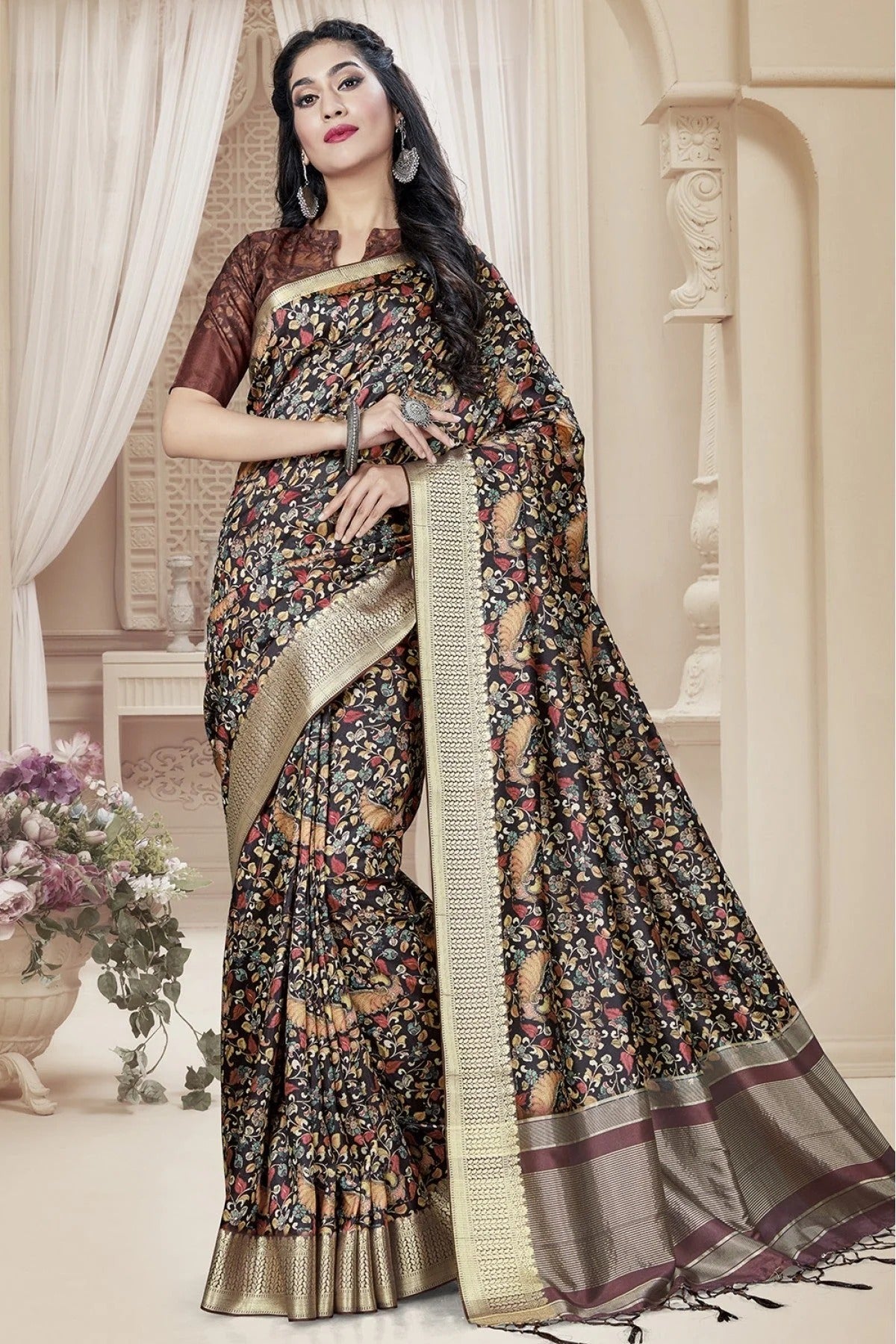 Black Tussar Silk Printed Saree NCSD11210715