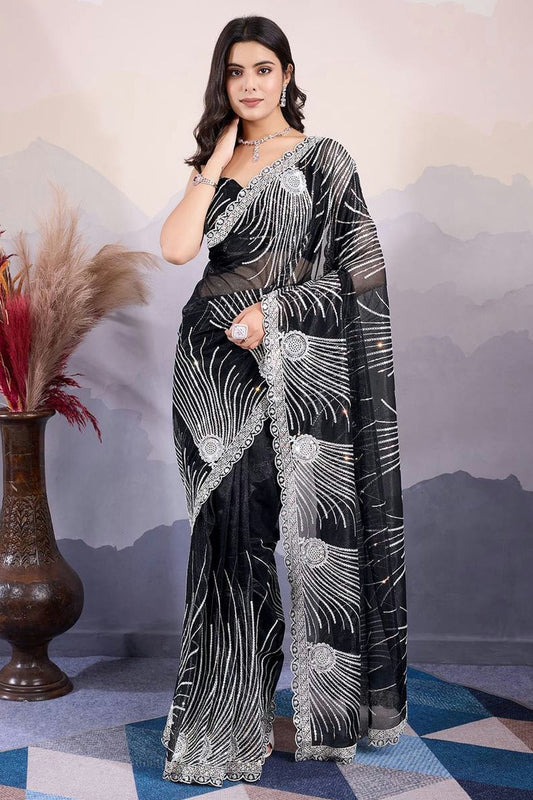 Black Twill Net Embroidery Saree NCSD12910206