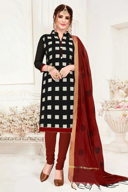 Black Unstitched Banarasi Jacquard Churidar Suit NCUS11610283