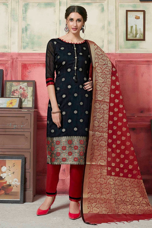 Black Unstitched Banarasi Silk Straight Suit NCUS11610296