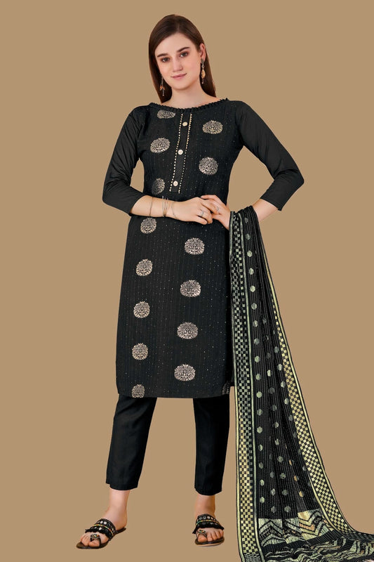 Black Unstitched Cotton Jacquard Straight Suit NCUS11610385