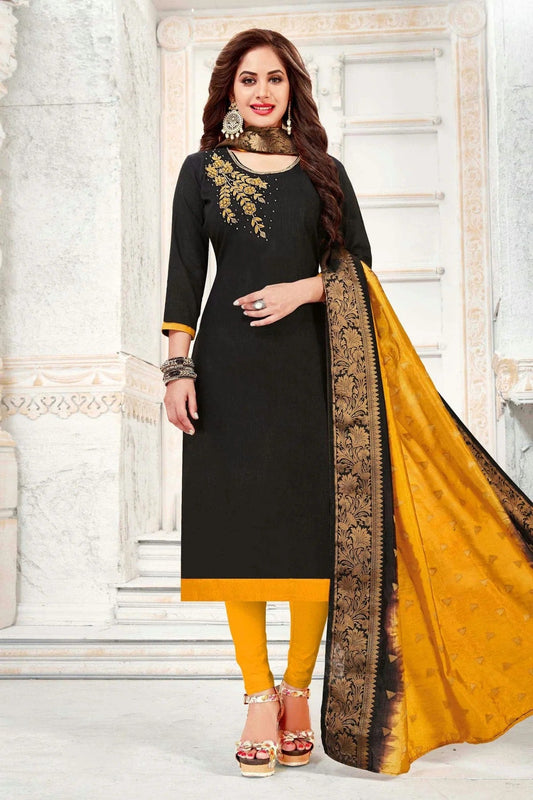 Black Unstitched Cotton South Slub Churidar Suit NCUS11610264