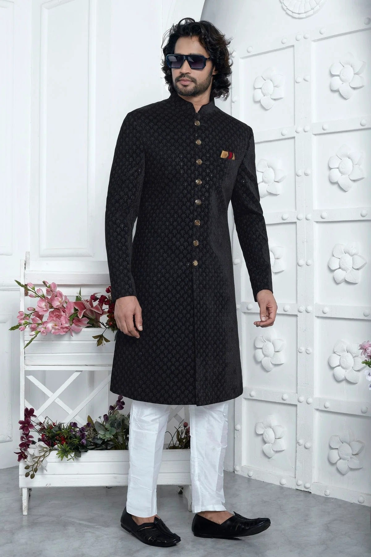 Black Velvet Silk Indowestern Sherwan With Aligadhi Pant  NCSH12310346