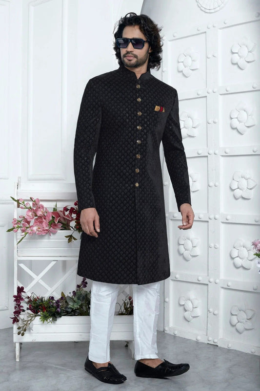 Black Velvet Silk Indowestern Sherwan With Aligadhi Pant  NCSH12310346