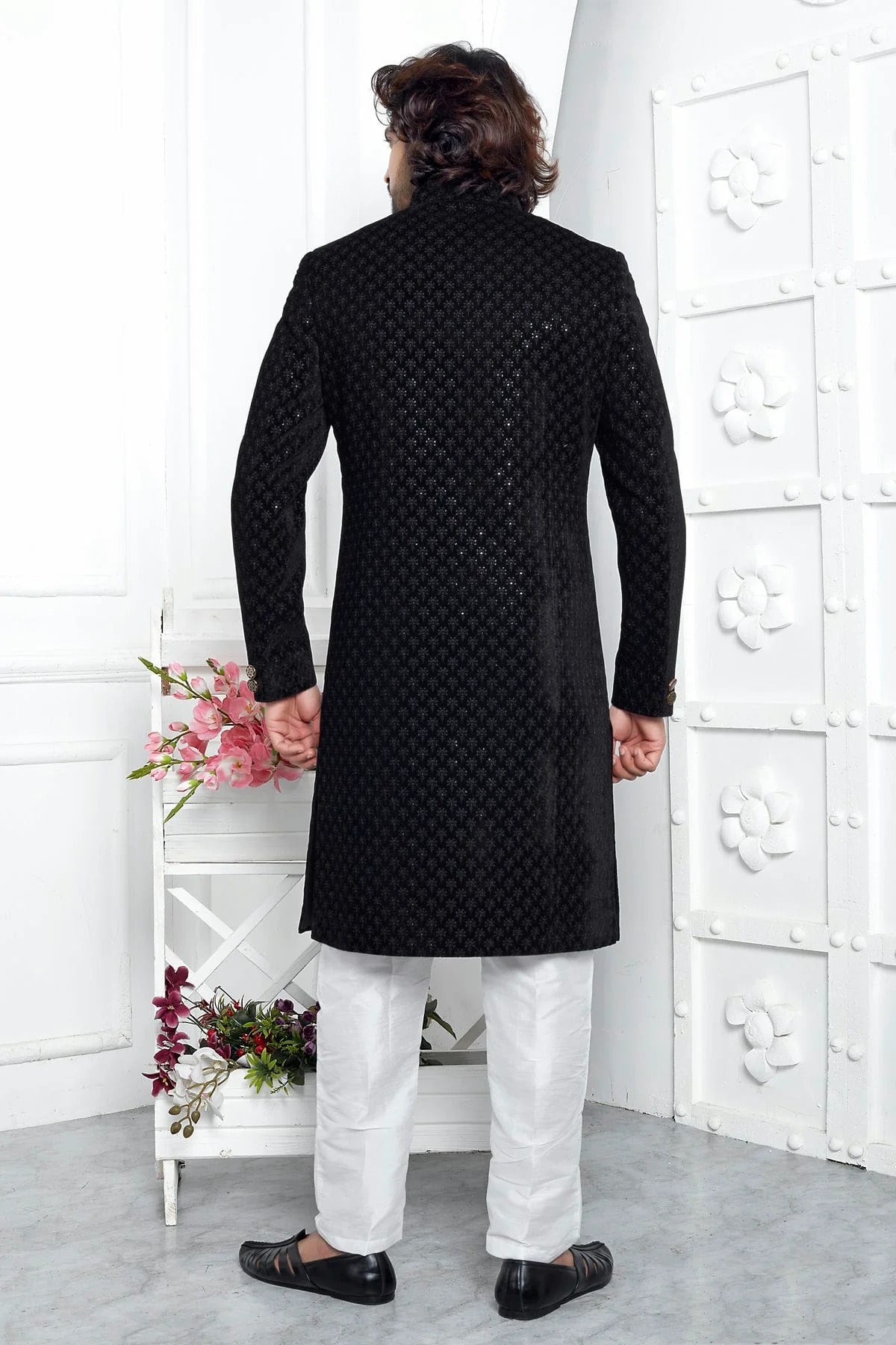 Black Velvet Silk Indowestern Sherwan With Aligadhi Pant  NCSH12310346