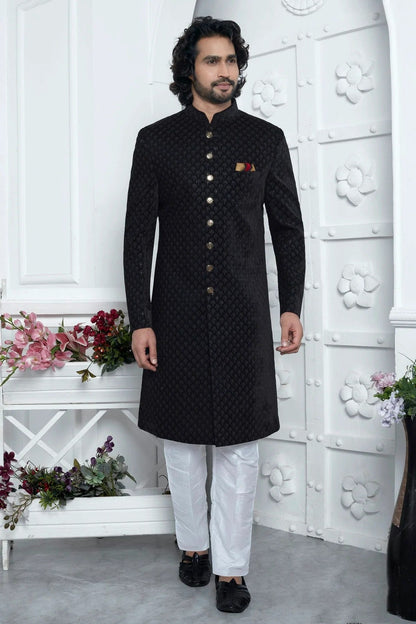 Black Velvet Silk Indowestern Sherwan With Aligadhi Pant NCSH12310346