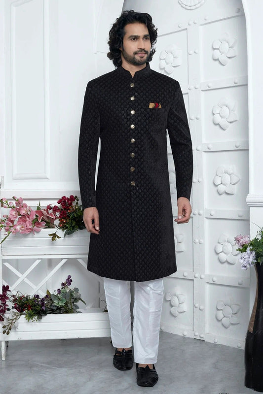 Black Velvet Silk Indowestern Sherwan With Aligadhi Pant NCSH12310346