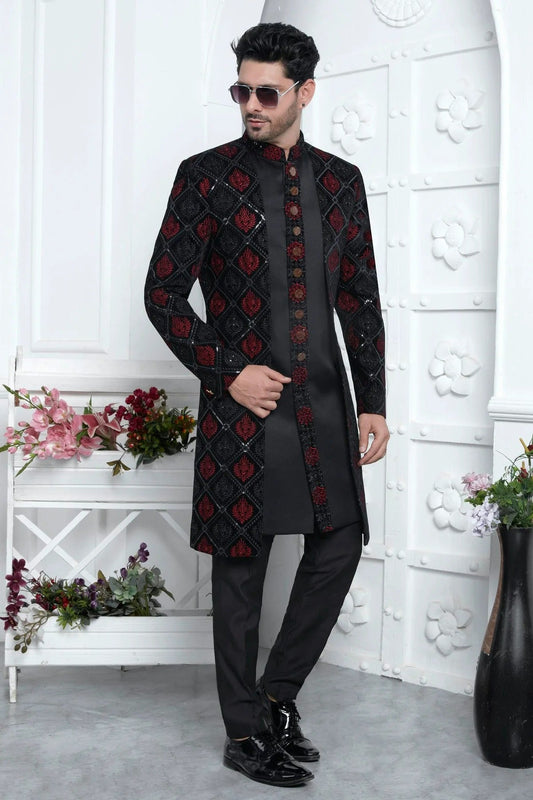 Black Velvet Silk Indowestern Sherwan With Aligadhi Pant  NCSH12310350