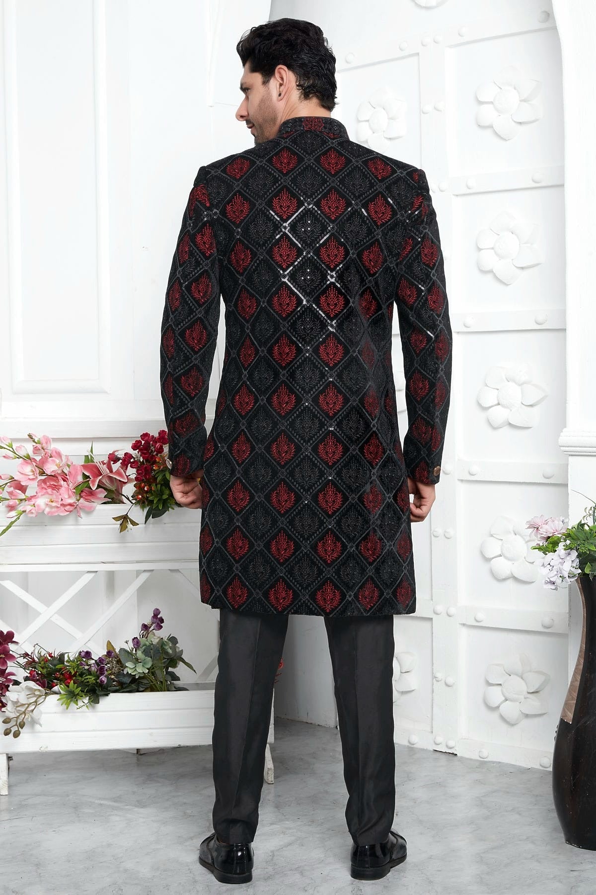 Black Velvet Silk Indowestern Sherwan With Aligadhi Pant  NCSH12310350