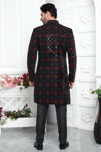 Black Velvet Silk Indowestern Sherwan With Aligadhi Pant  NCSH12310350