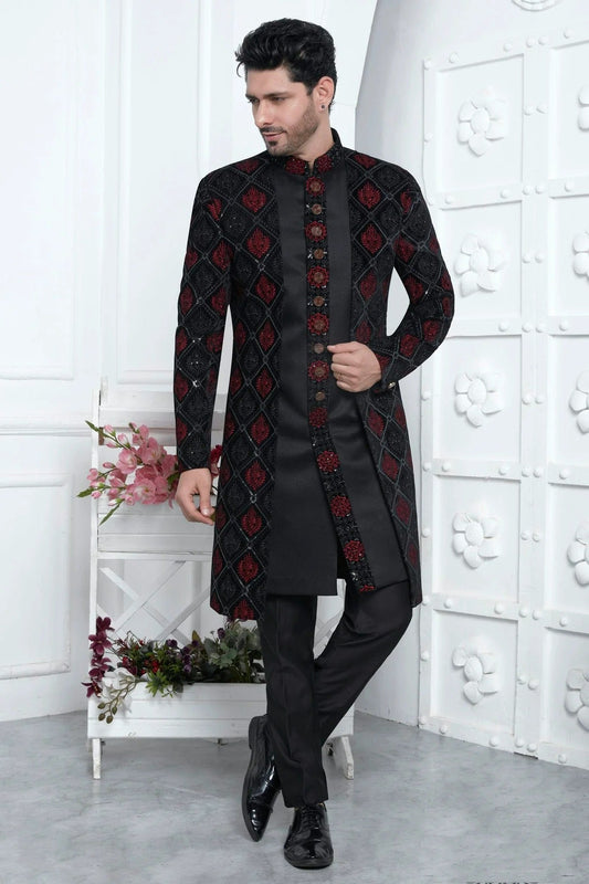 Black Velvet Silk Indowestern Sherwan With Aligadhi Pant NCSH12310350