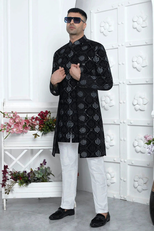 Black Velvet Silk Indowestern Sherwan With Aligadhi Pant  NCSH12310351