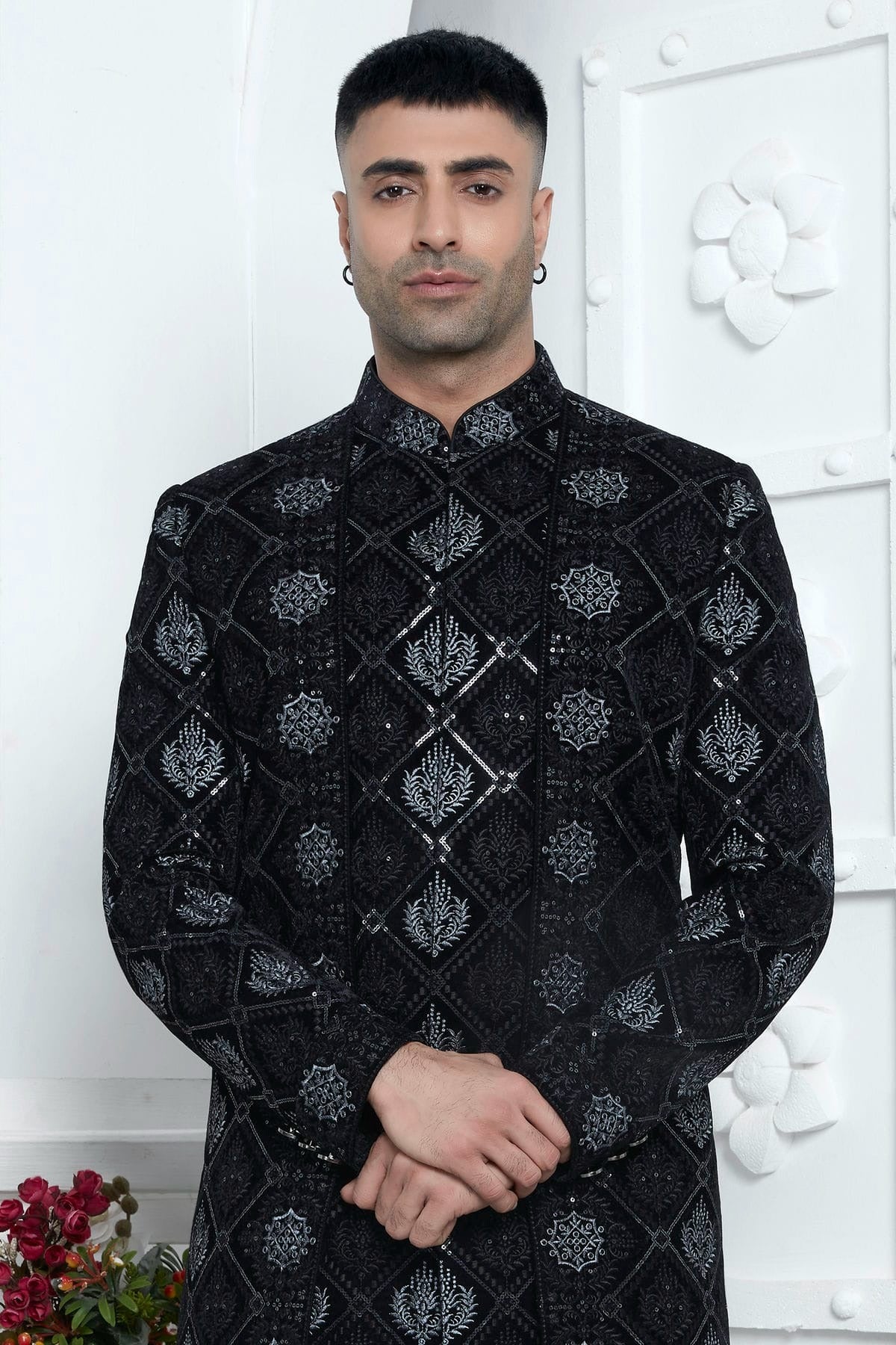 Black Velvet Silk Indowestern Sherwan With Aligadhi Pant  NCSH12310351