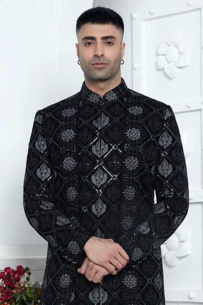 Black Velvet Silk Indowestern Sherwan With Aligadhi Pant  NCSH12310351