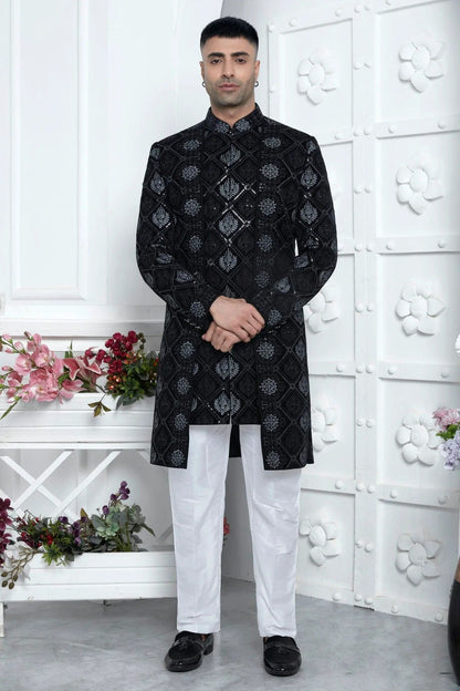 Black Velvet Silk Indowestern Sherwan With Aligadhi Pant NCSH12310351