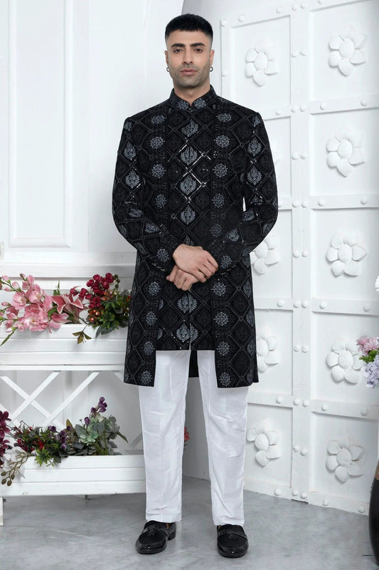 Black Velvet Silk Indowestern Sherwan With Aligadhi Pant NCSH12310351