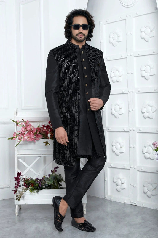 Black Velvet Silk Indowestern Sherwan With Aligadhi Pant  NCSH12310361