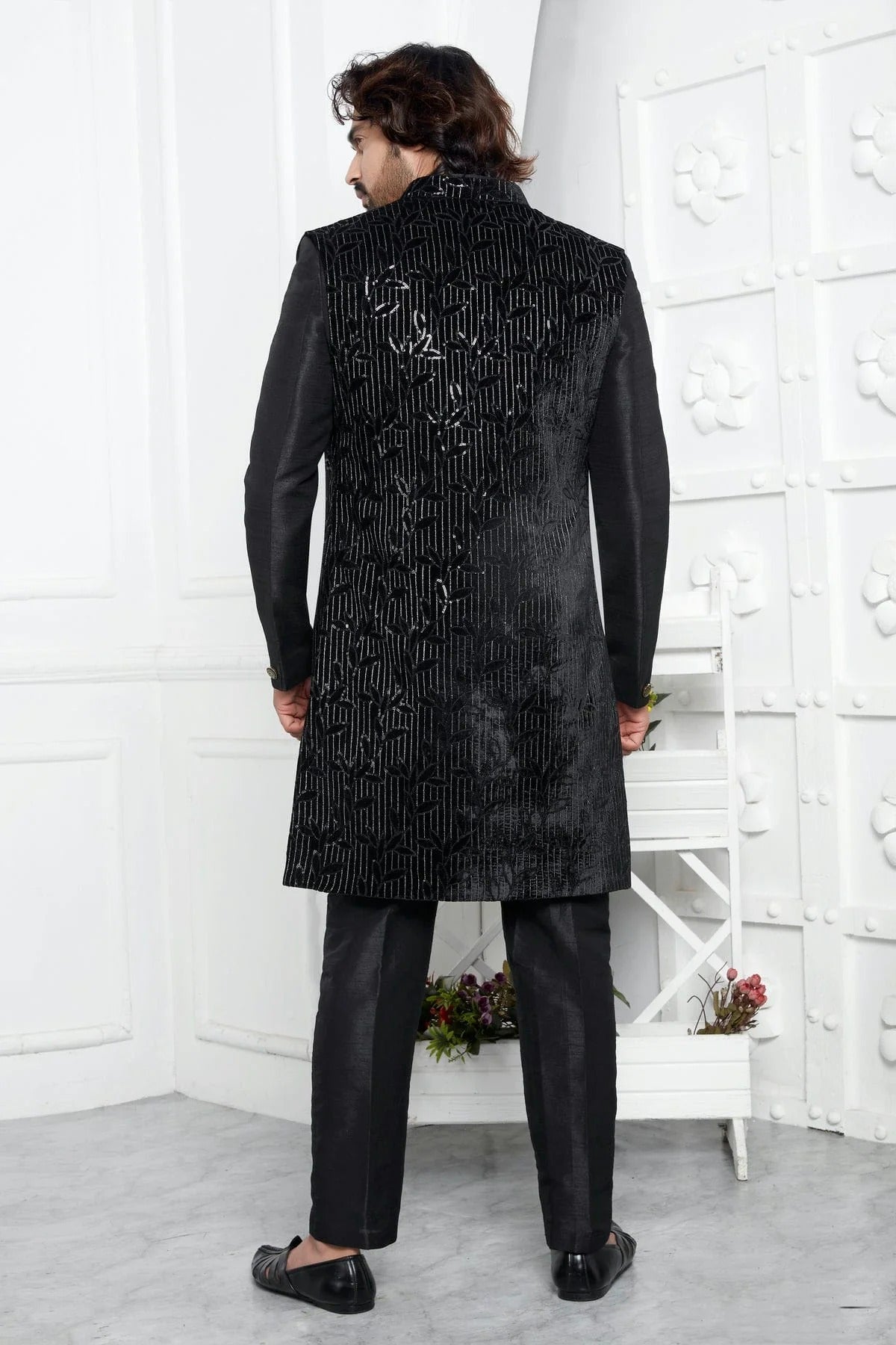 Black Velvet Silk Indowestern Sherwan With Aligadhi Pant  NCSH12310361