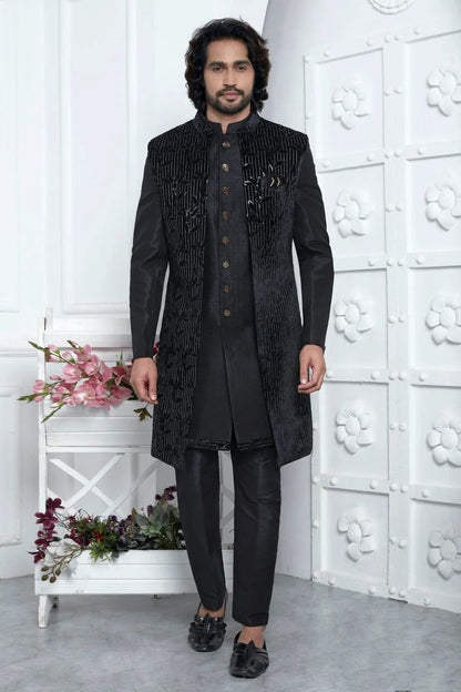 Black Velvet Silk Indowestern Sherwan With Aligadhi Pant NCSH12310361