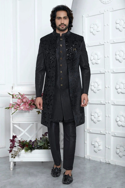 Black Velvet Silk Indowestern Sherwan With Aligadhi Pant NCSH12310361
