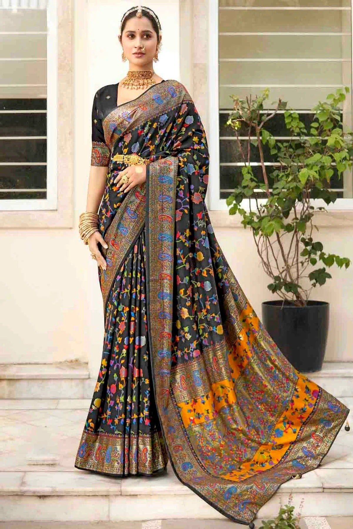 Black Velvet Tussar Silk Floral Printed Traditional Sarees  NCSD11110250