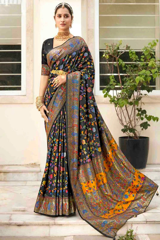 Black Velvet Tussar Silk Floral Printed Traditional Sarees  NCSD11110250