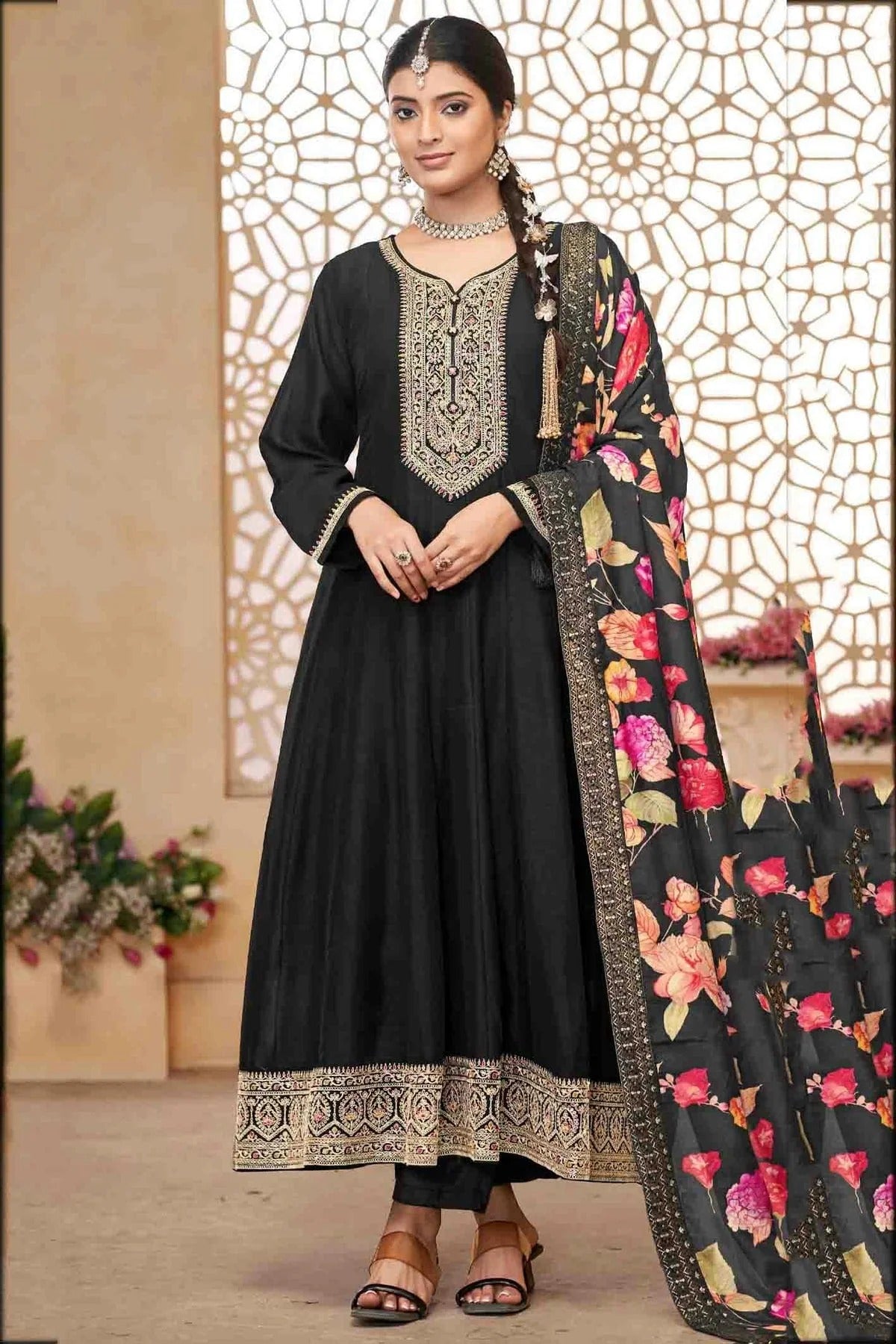 Black Vichitra Silk Anarkali Suit NCSM11110891
