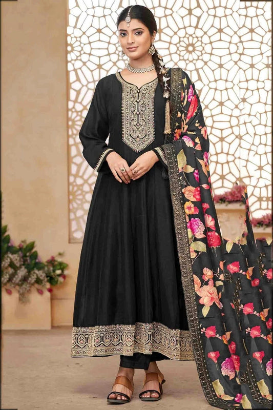 Black Vichitra Silk Anarkali Suit NCSM11110891