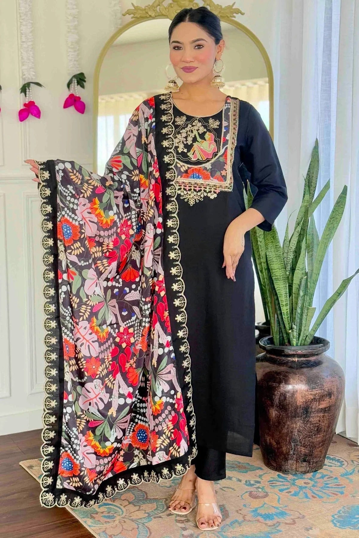 Black Viscose Chanderi Embroidery Pant Style Suit NCSS11110317