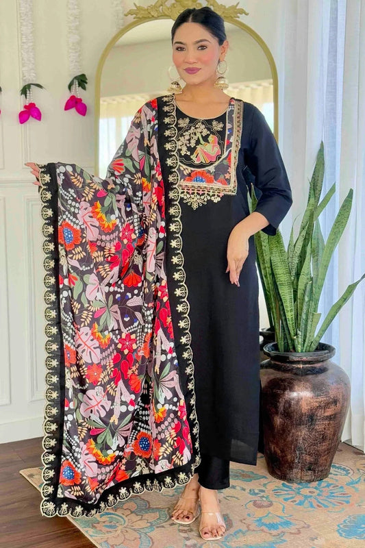 Black Viscose Chanderi Embroidery Pant Style Suit NCSS11110317